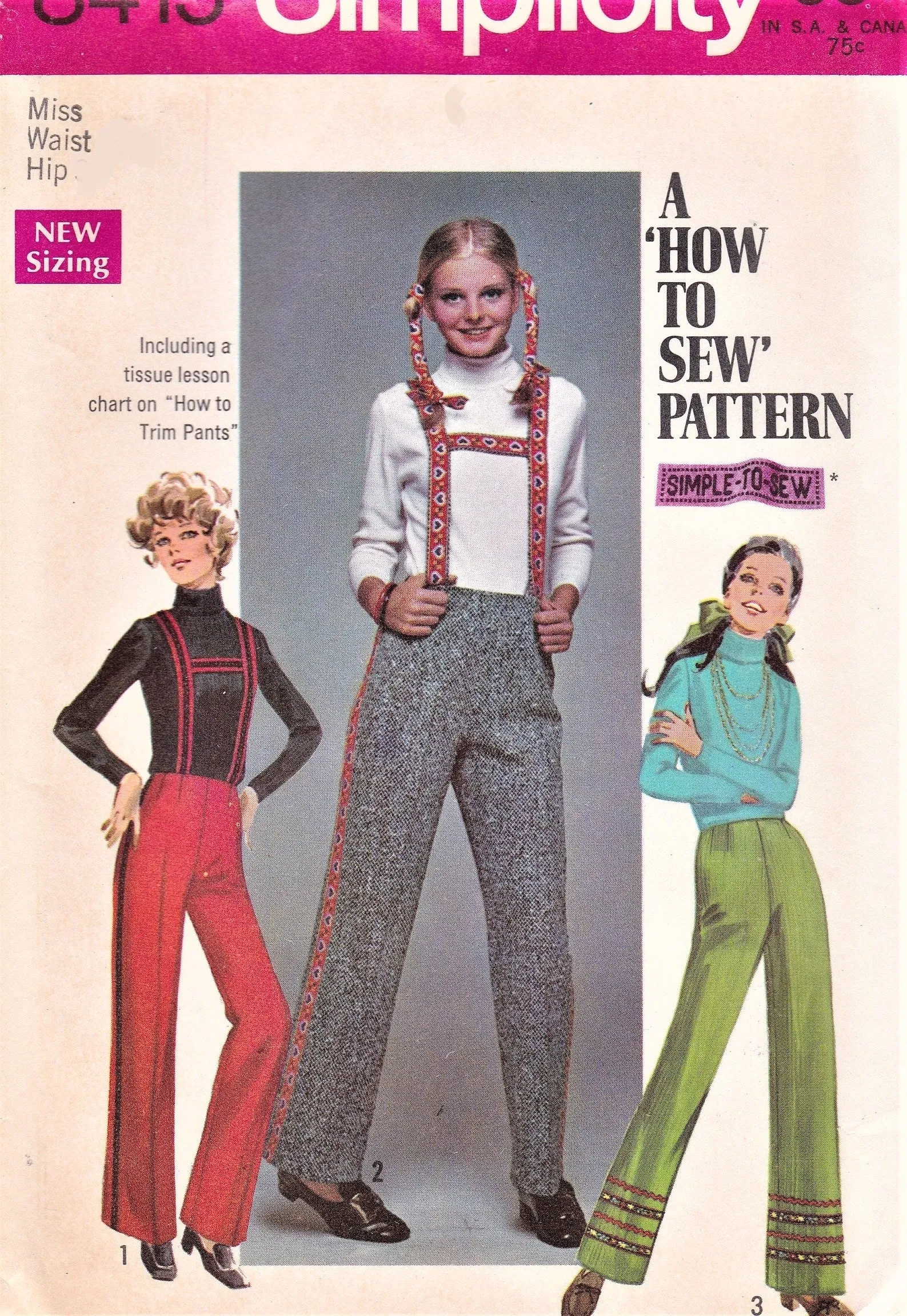 1960s RETRO Suspender Pants Pattern SIMPLICITY 8415 Cute High Waist Straight Pants 3 Versions Waist 24 Vintage Sewing Pattern UNCUT