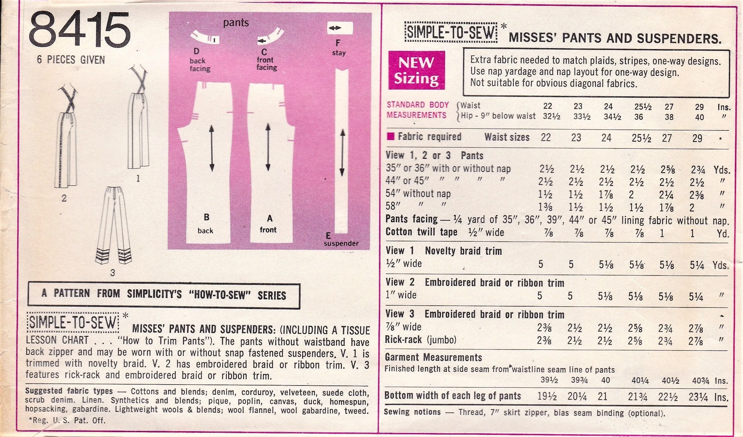 1960s RETRO Suspender Pants Pattern SIMPLICITY 8415 Cute High Waist Straight Pants 3 Versions Waist 24 Vintage Sewing Pattern UNCUT