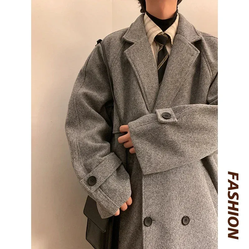 Aidase Autumn Winter Wool Jacket Men Casual Solid Wool Coats Male Loose Turn Down Collar Mens Long Coat