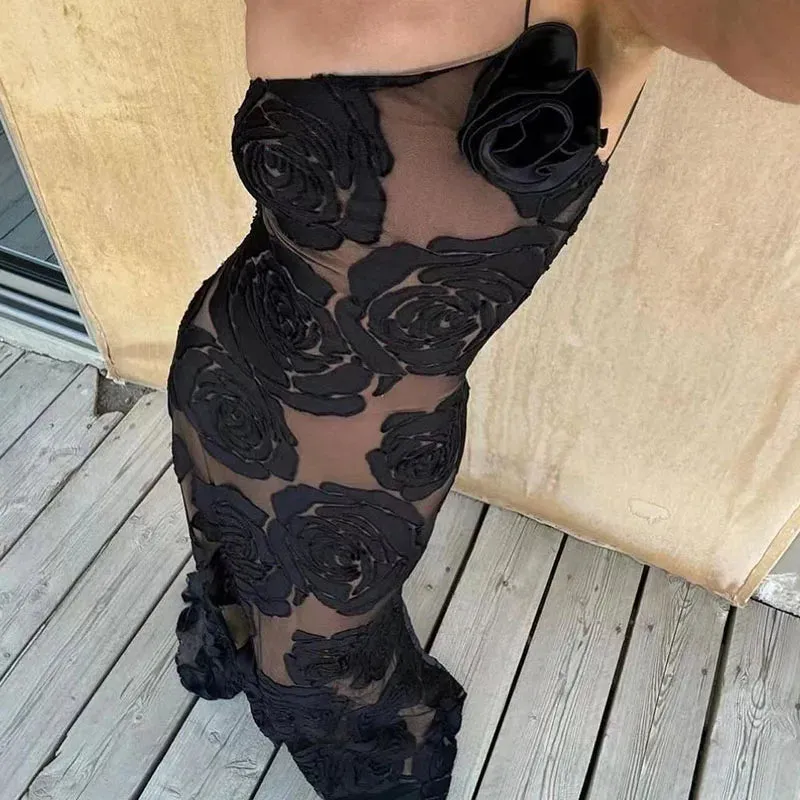 Asymmetric Flower Slim Fashion Lace Embroidery Off Shoulder Elegant Spaghetti Strap Long Party Sexy Dress