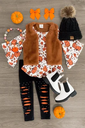 Autumn Leaves & Pumpkins Fur Vest Set - 3 Piece