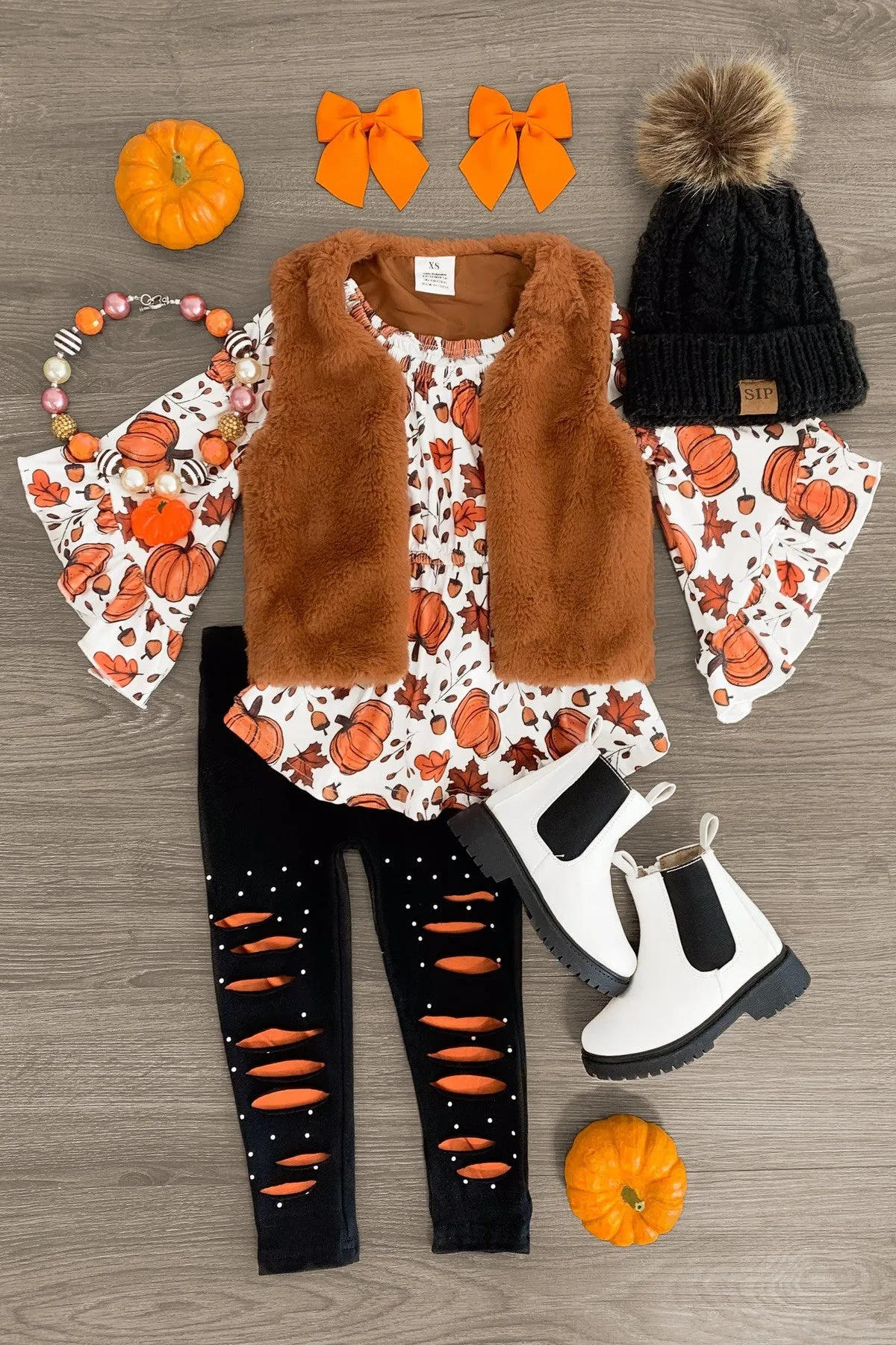 Autumn Leaves & Pumpkins Fur Vest Set - 3 Piece