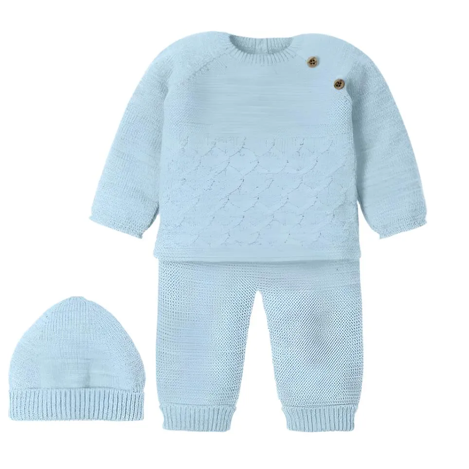 Baby Boys Blue 3 Piece Knitted Set