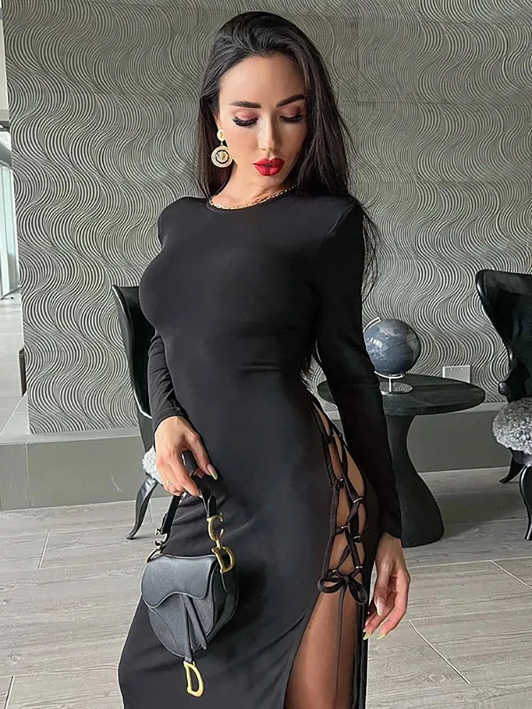 Bandage O-Neck Autumn: Long Sexy Sleeve Split Maxi Women Dress Dress