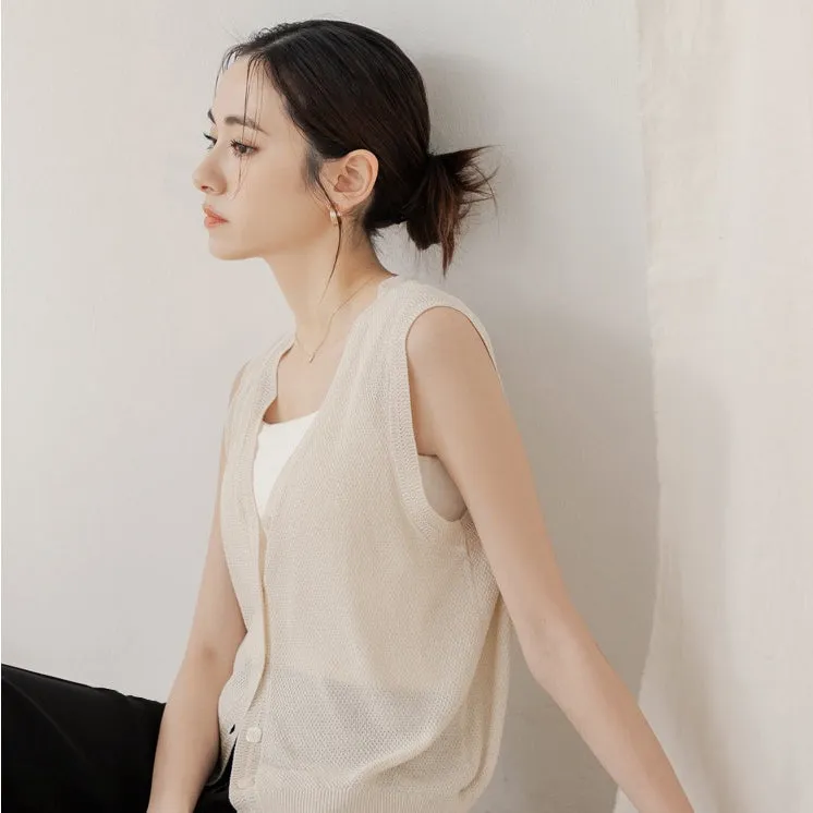 Basic V-Neck Sheer Knit Vest Sleeveless Cardigan Top