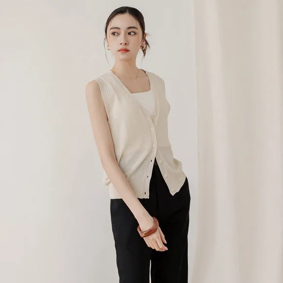 Basic V-Neck Sheer Knit Vest Sleeveless Cardigan Top