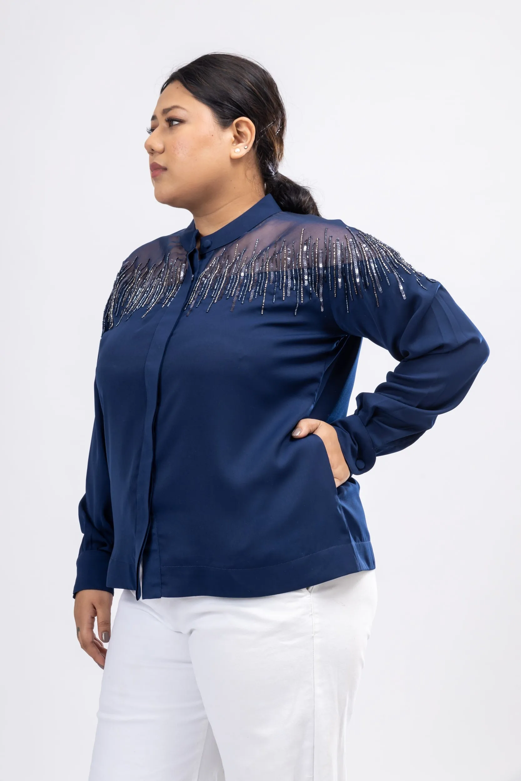 Betwixt Blue Embroidered Bomber Jacket