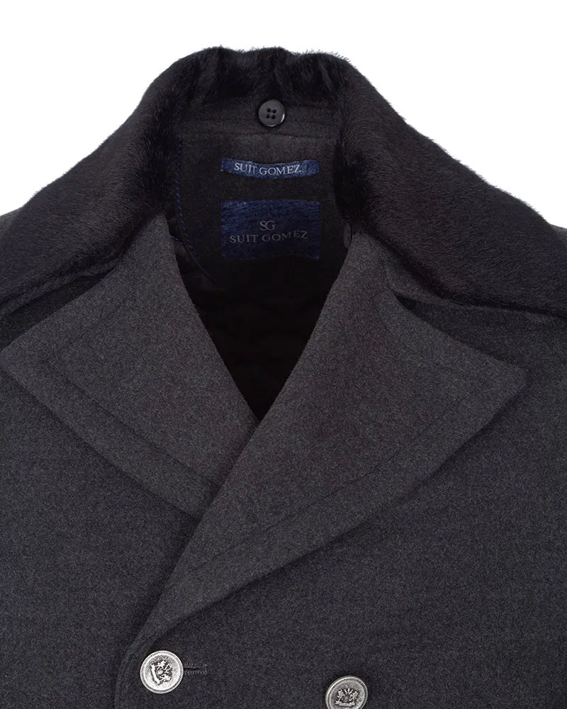 Black Double Breasted Fur Collar Men's Overcoat J 505