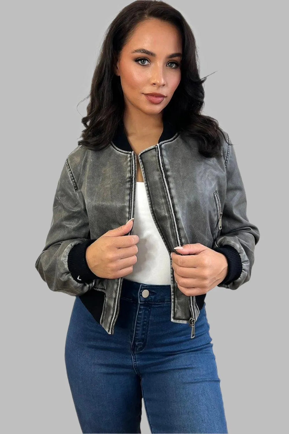 Black Grey Aged Effect Vegan Leather Bomber Jacket