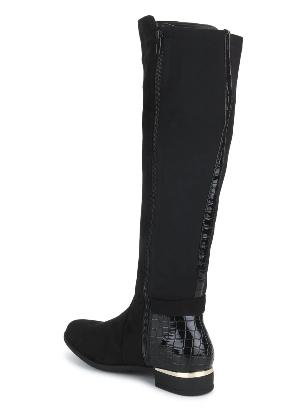 Black Micro Croc Golden Detail Flat Long Boots