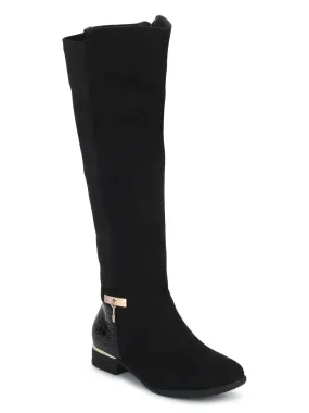 Black Micro Croc Golden Detail Flat Long Boots