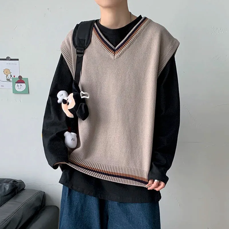 Bonsir -  men's autumn and winter Hong Kong style knitted cardigan V-neck sweater vest vest couple JKDK college style uniform