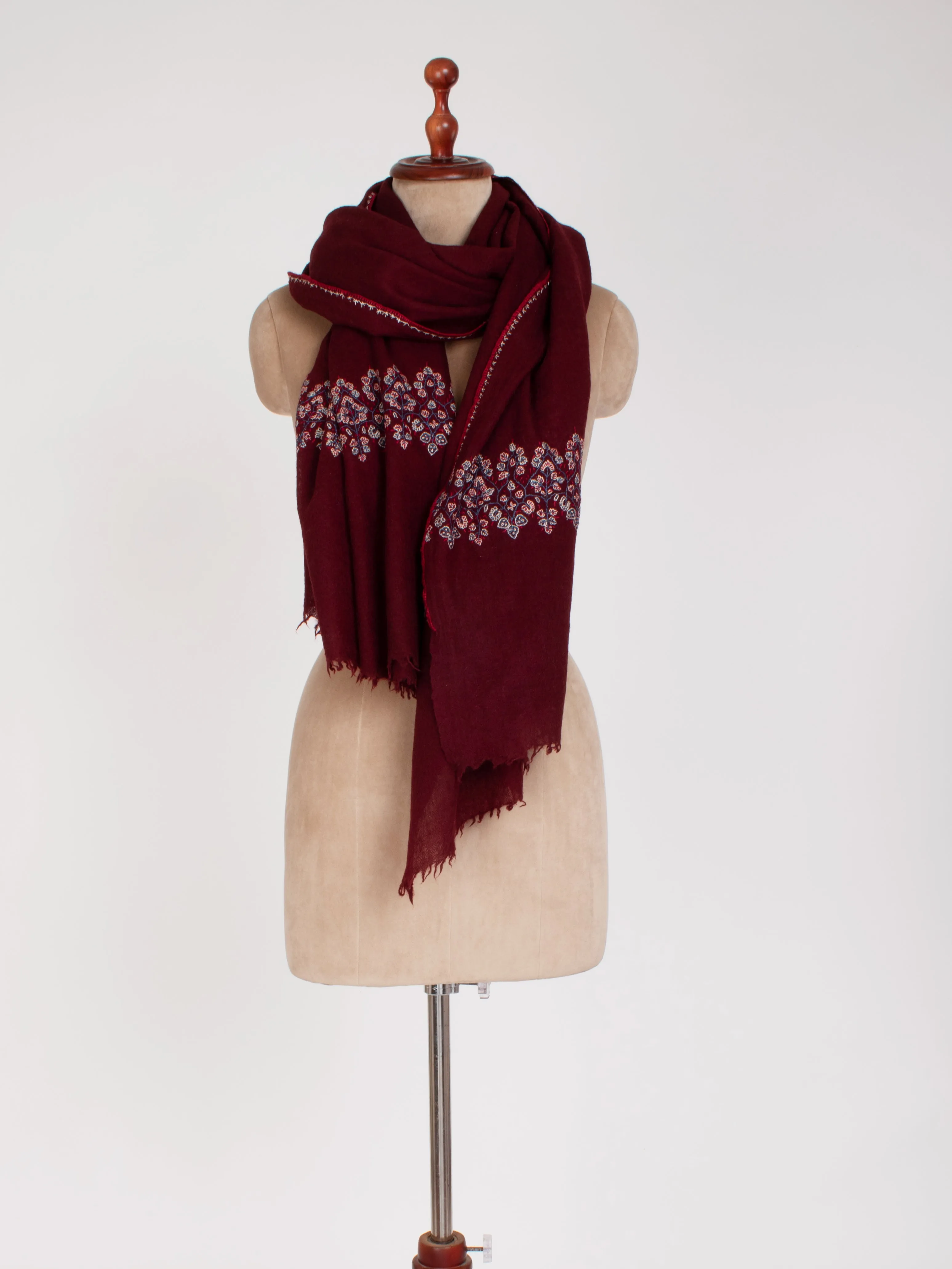 Burgundy Hand Embroidered Pure Wool Gift Shawl