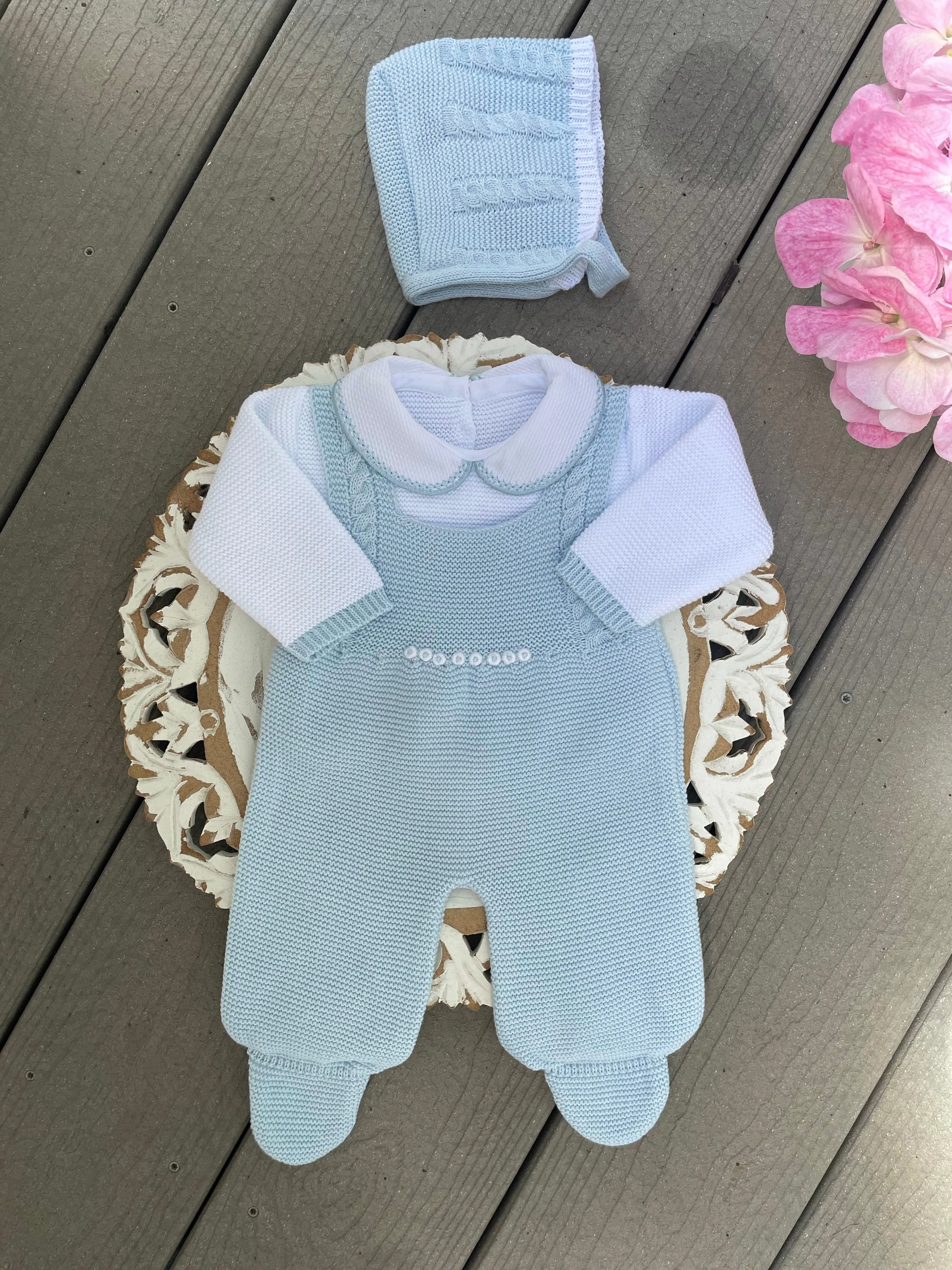 Cable Knit Suspenders Style With Ruffle Collar Baby Knitted Romper in Sky Blue and White