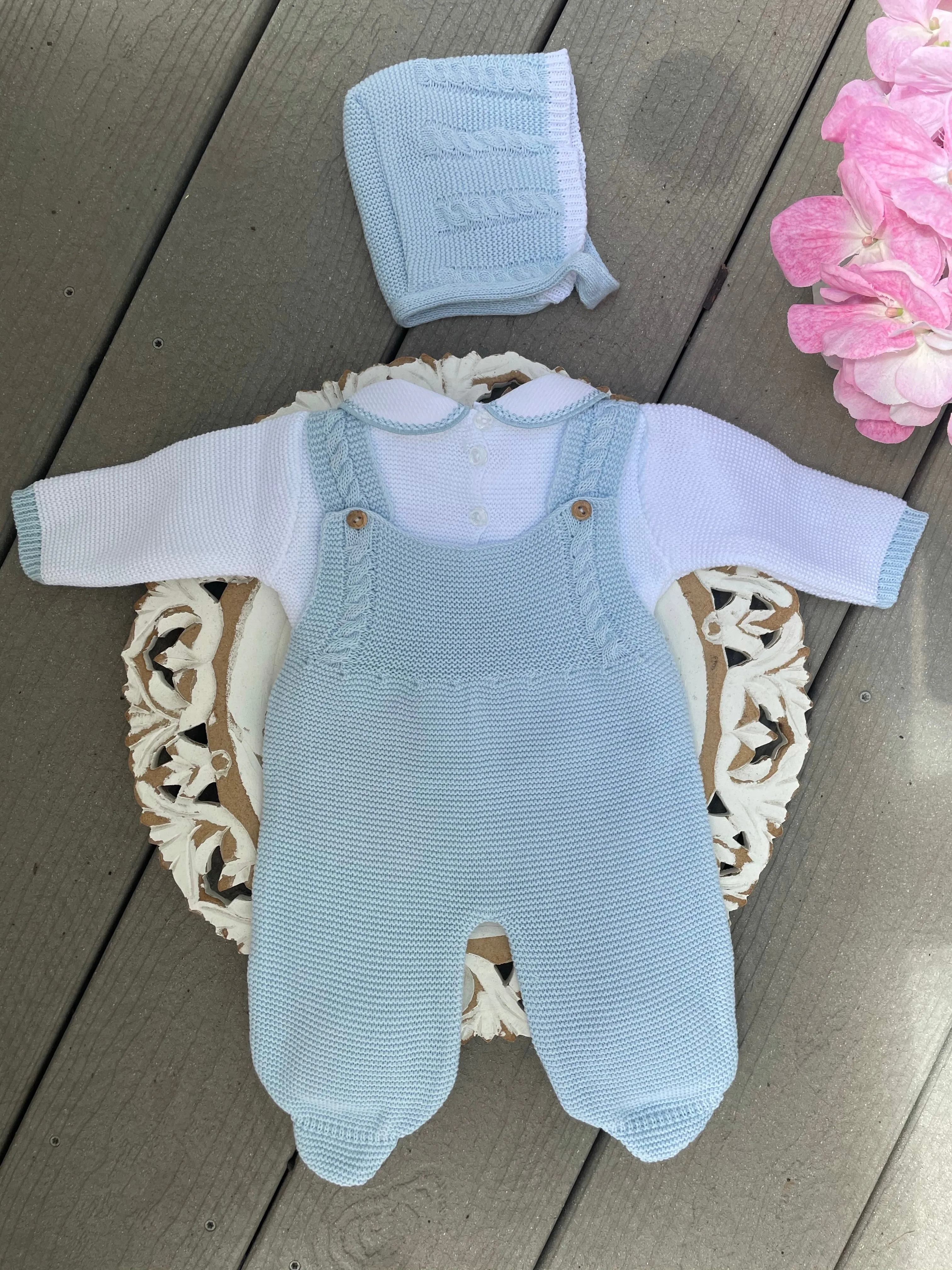 Cable Knit Suspenders Style With Ruffle Collar Baby Knitted Romper in Sky Blue and White