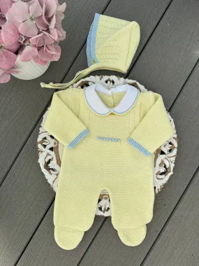 Cable Knit Suspenders Style With Ruffle Collar Baby Knitted Romper in Yellow and Blue