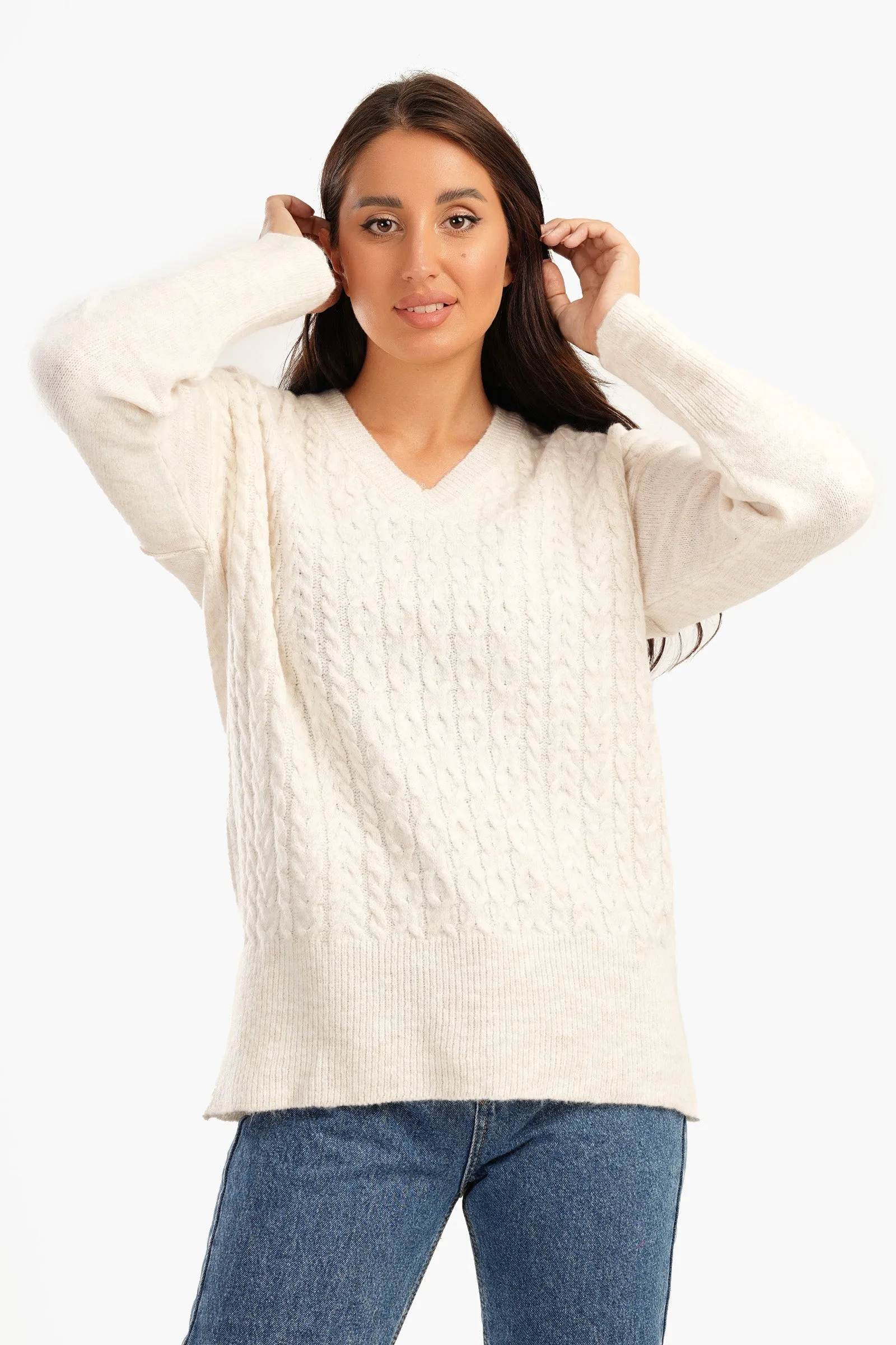 Cable Knitted V-Neck Pullover