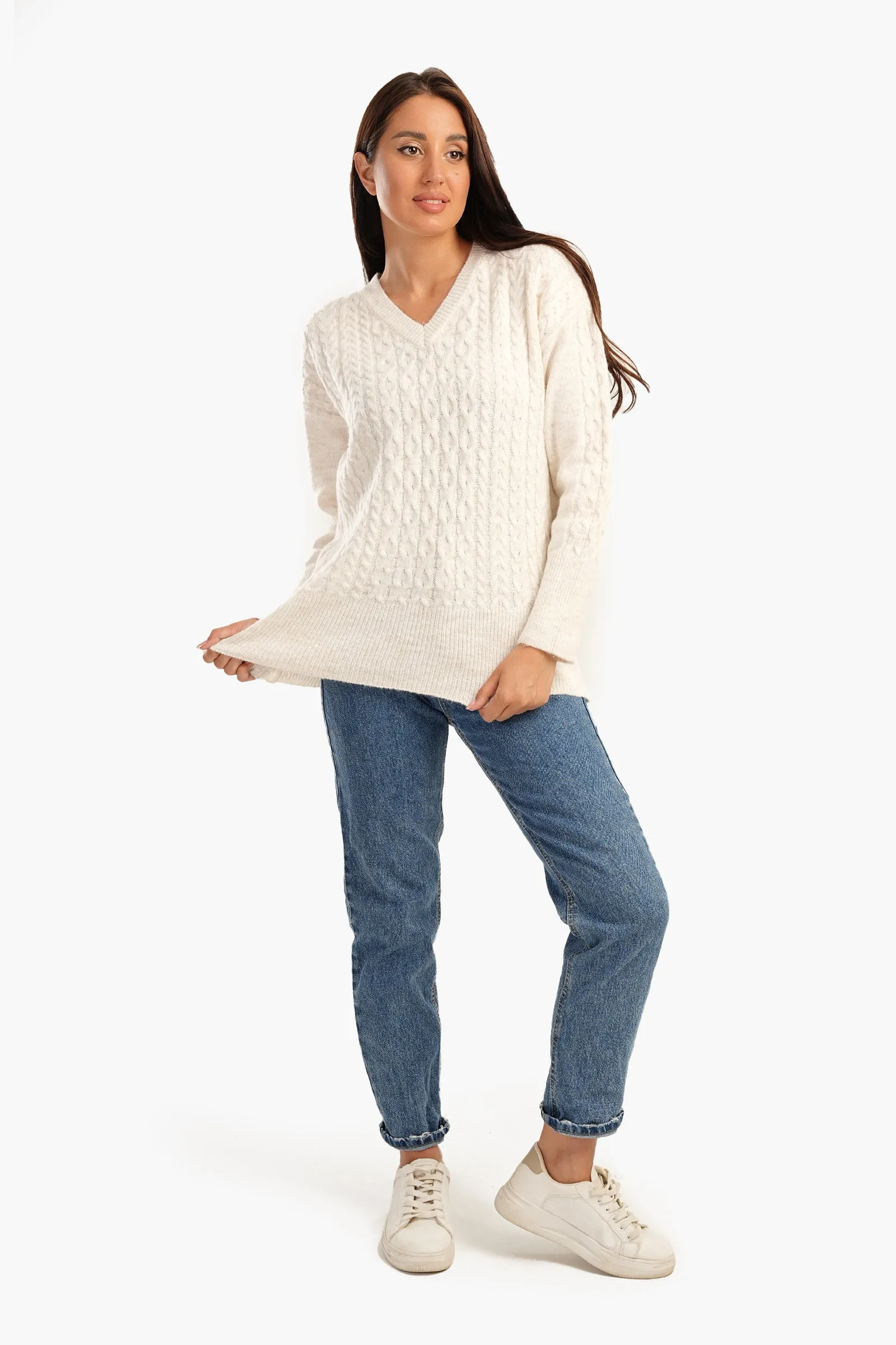 Cable Knitted V-Neck Pullover