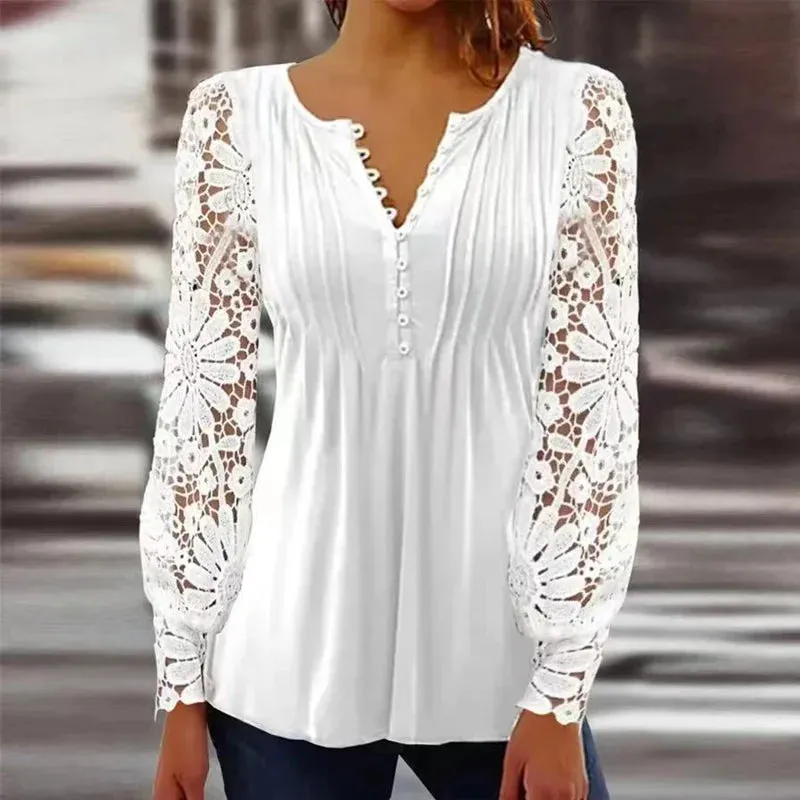 Casual Sleeve Solid Hollow Fashionable Slim White Pleated Long Vintage V Out Neck Lace Top