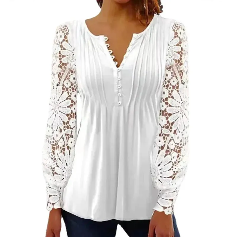 Casual Sleeve Solid Hollow Fashionable Slim White Pleated Long Vintage V Out Neck Lace Top