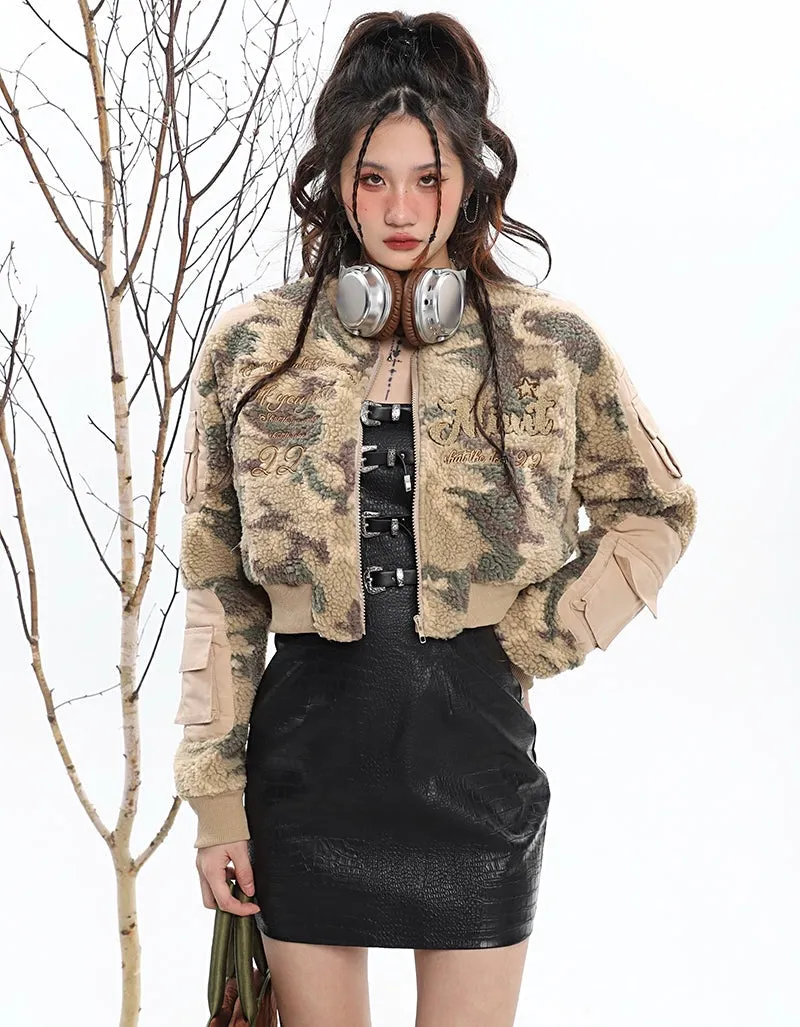 Celia Camouflage Fleece Long Sleeve Cropped Jacket