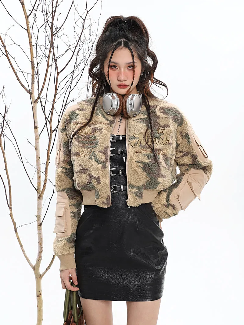 Celia Camouflage Fleece Long Sleeve Cropped Jacket