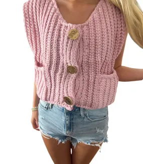 Chic Pink Sweater Vest with Glamorous Gold Buttons