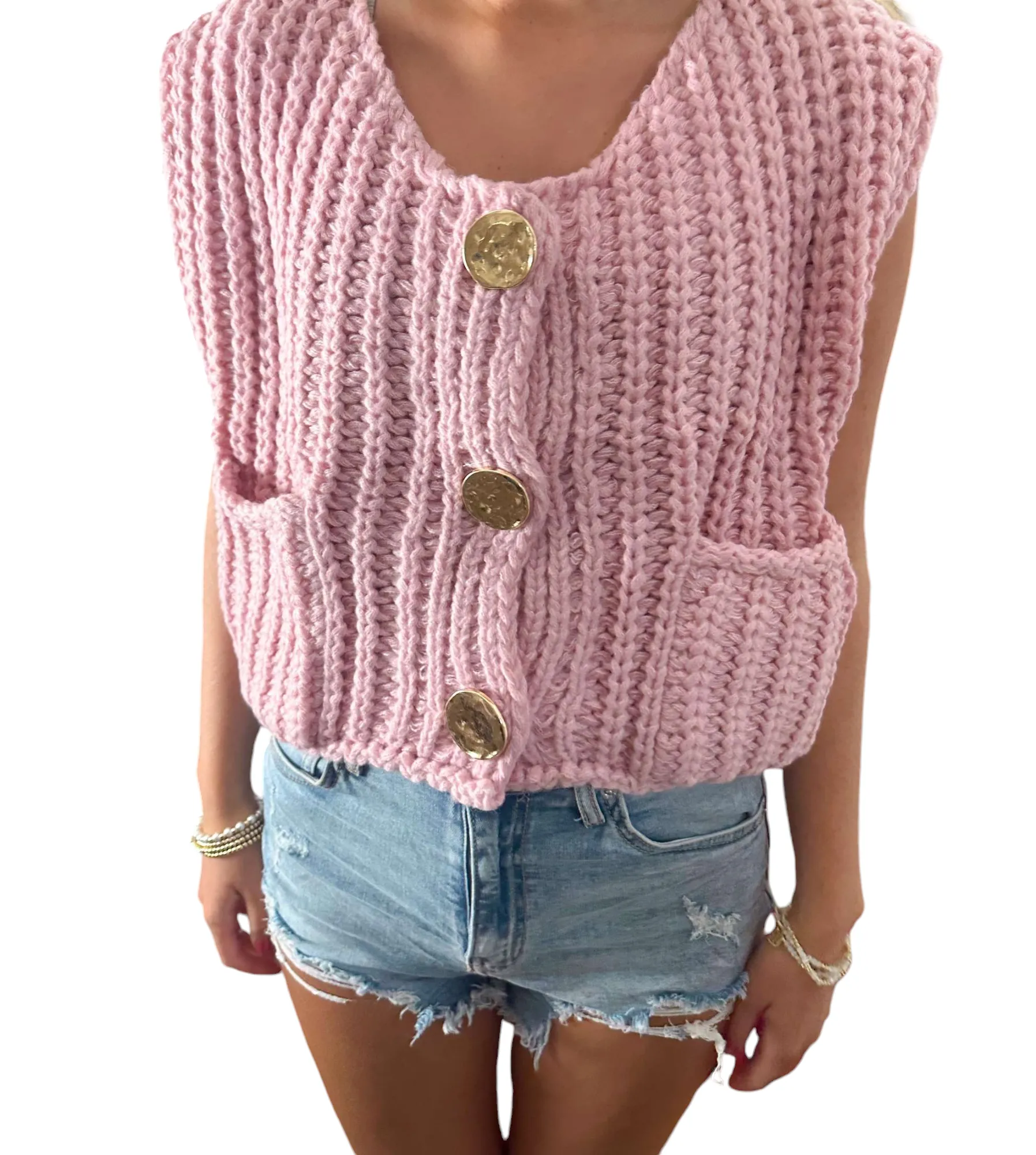 Chic Pink Sweater Vest with Glamorous Gold Buttons