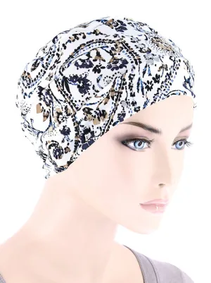 CKC-130#Chemo Cloche Cap in Blue Beige Petite Paisley