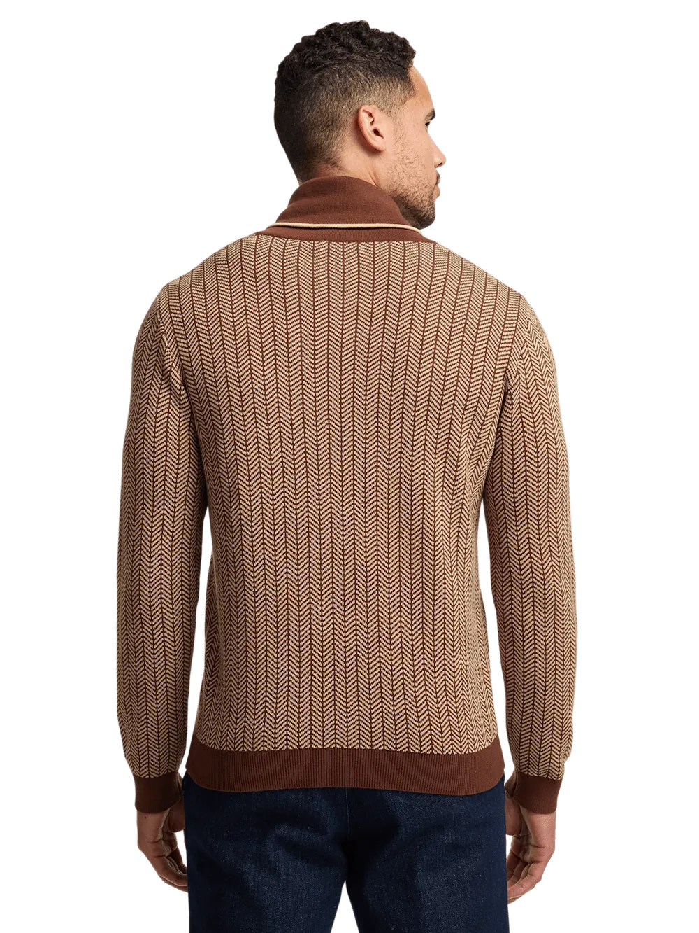 Cotton Shawl Collar Sweater - Ivory/brown