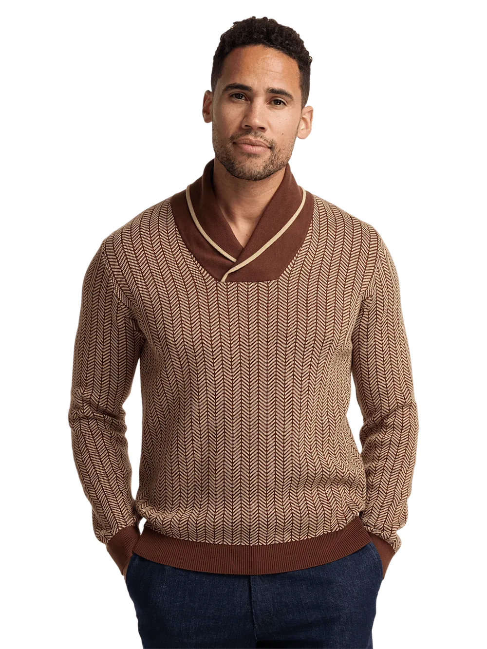 Cotton Shawl Collar Sweater - Ivory/brown