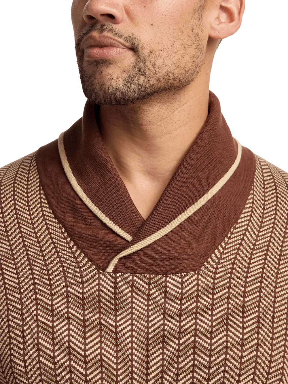 Cotton Shawl Collar Sweater - Ivory/brown