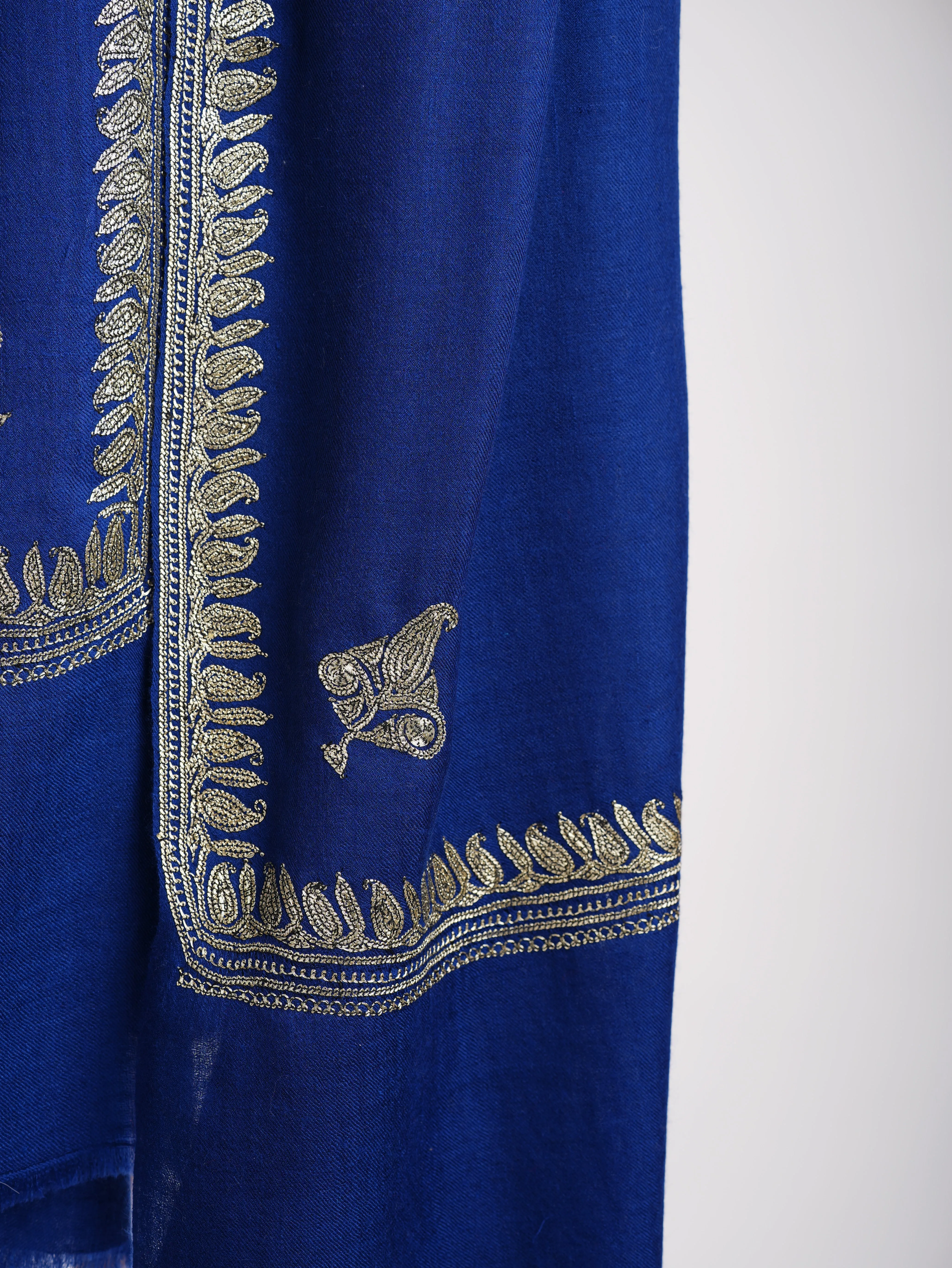 Dark Blue Kashmiri Pashmina Shawl in Water Gold Tilla Embroidery