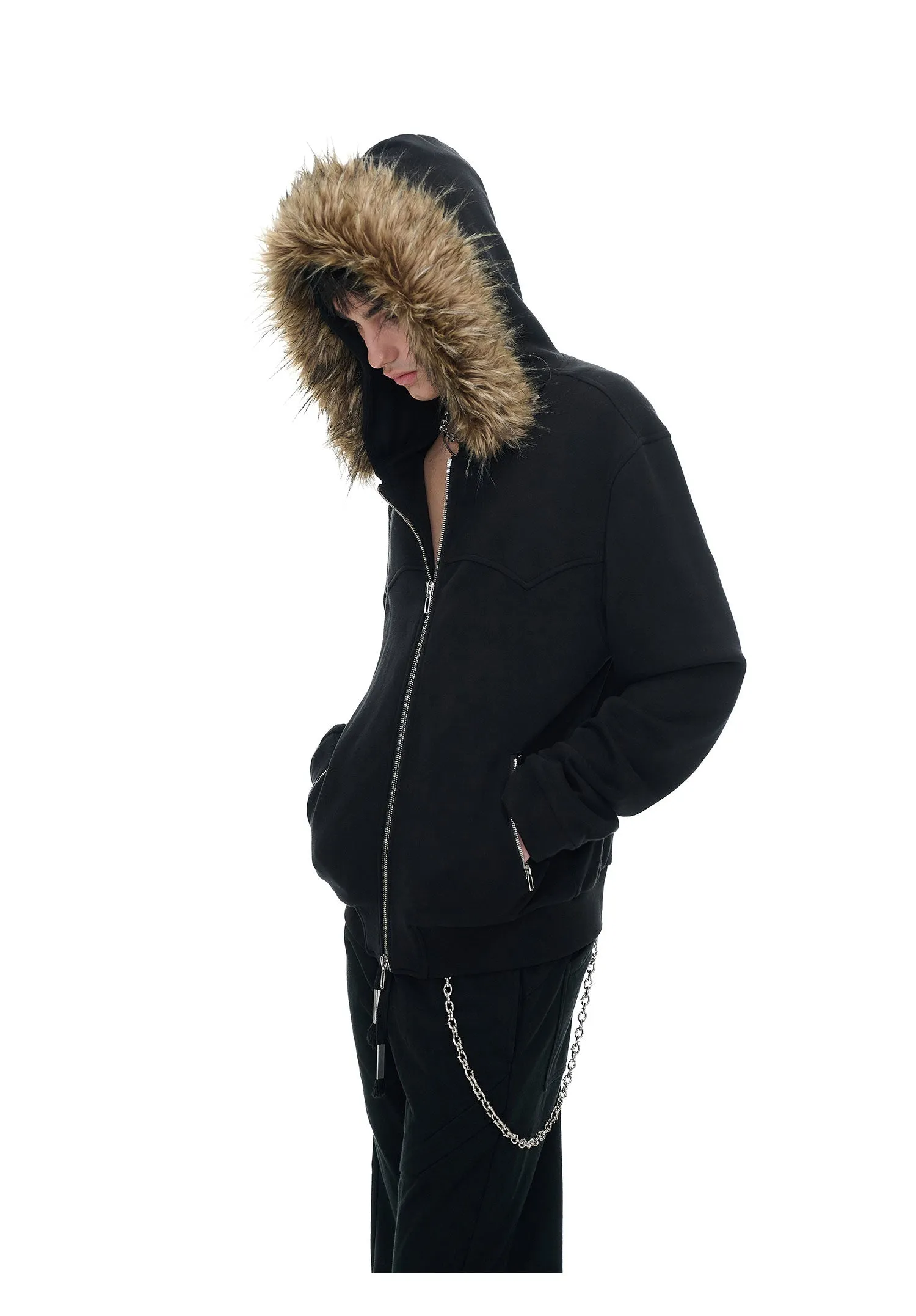 Detachable fur collar zipper sweatshirt