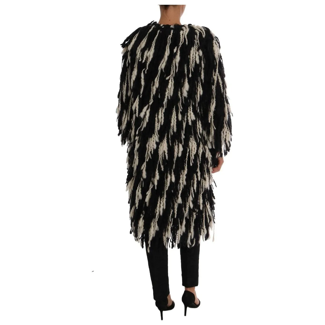 Dolce & Gabbana Black and White Fringed Wool Coat Jacket