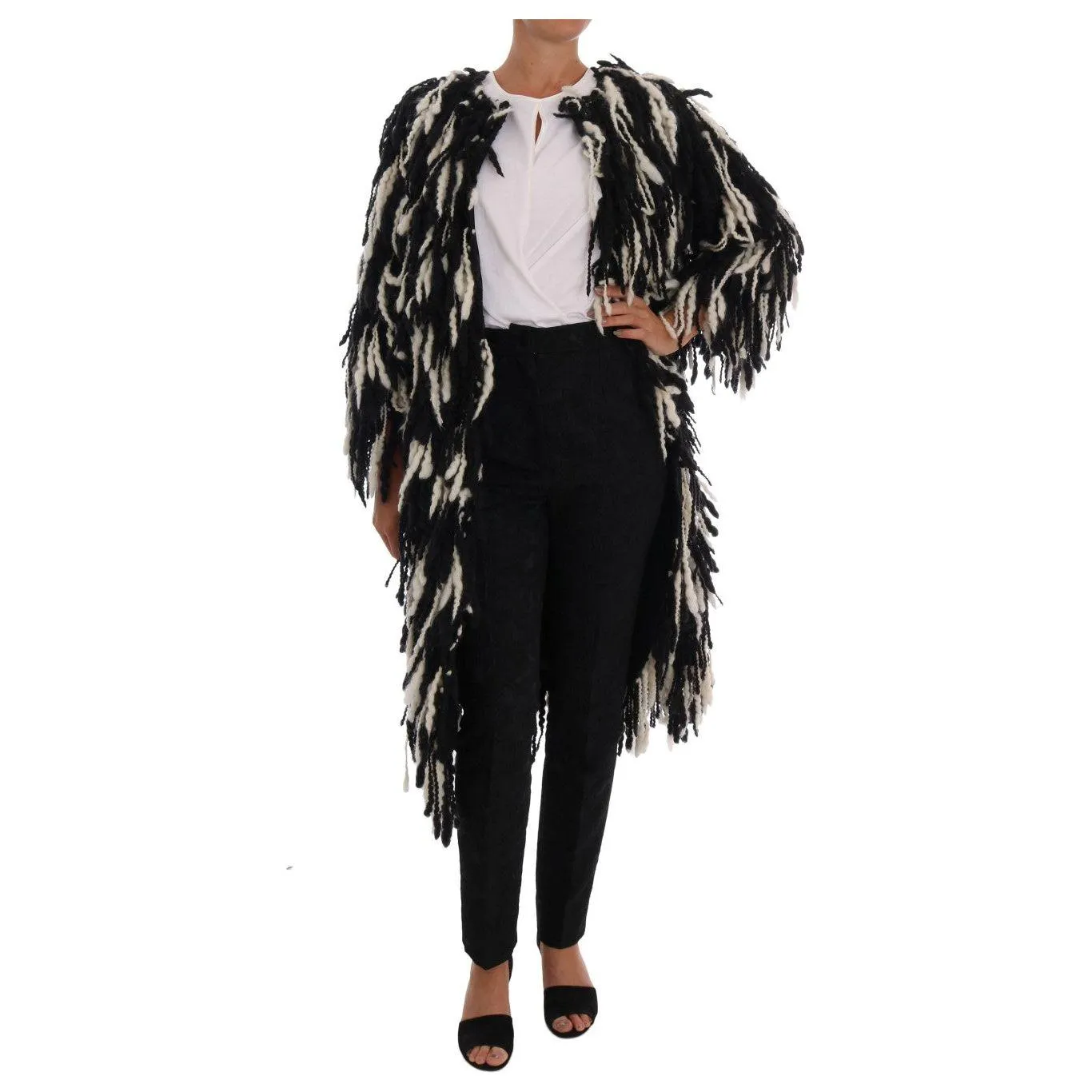 Dolce & Gabbana Black and White Fringed Wool Coat Jacket