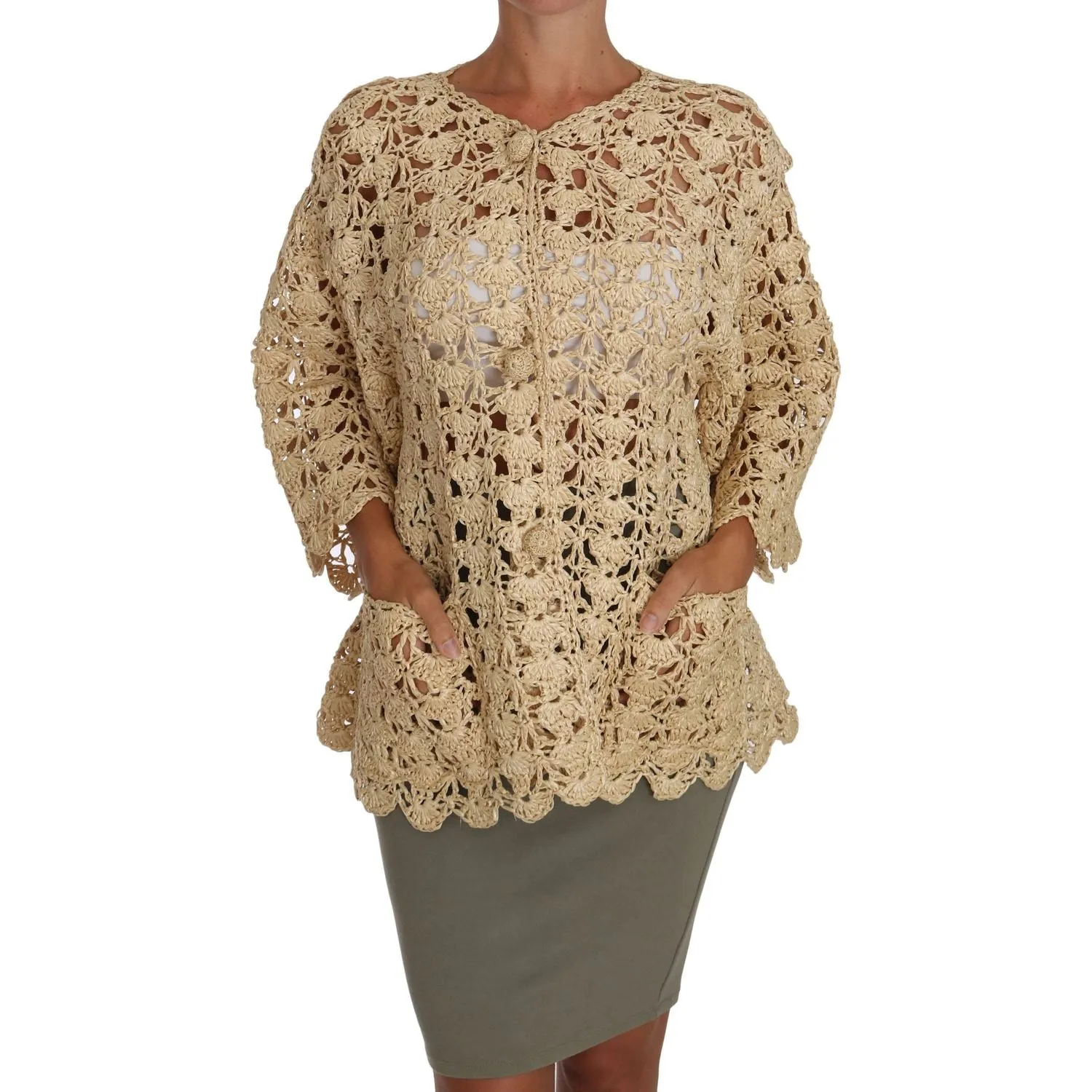 Dolce & Gabbana Chic Beige Crochet Raffia Cardigan