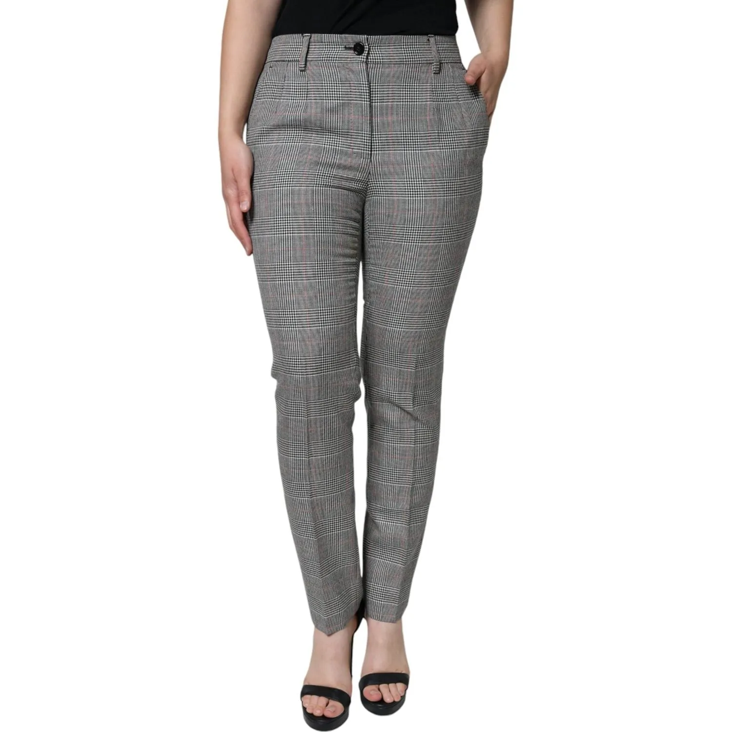 Dolce & Gabbana Gray Plaid Wool Mid Waist Women Tapered Pants