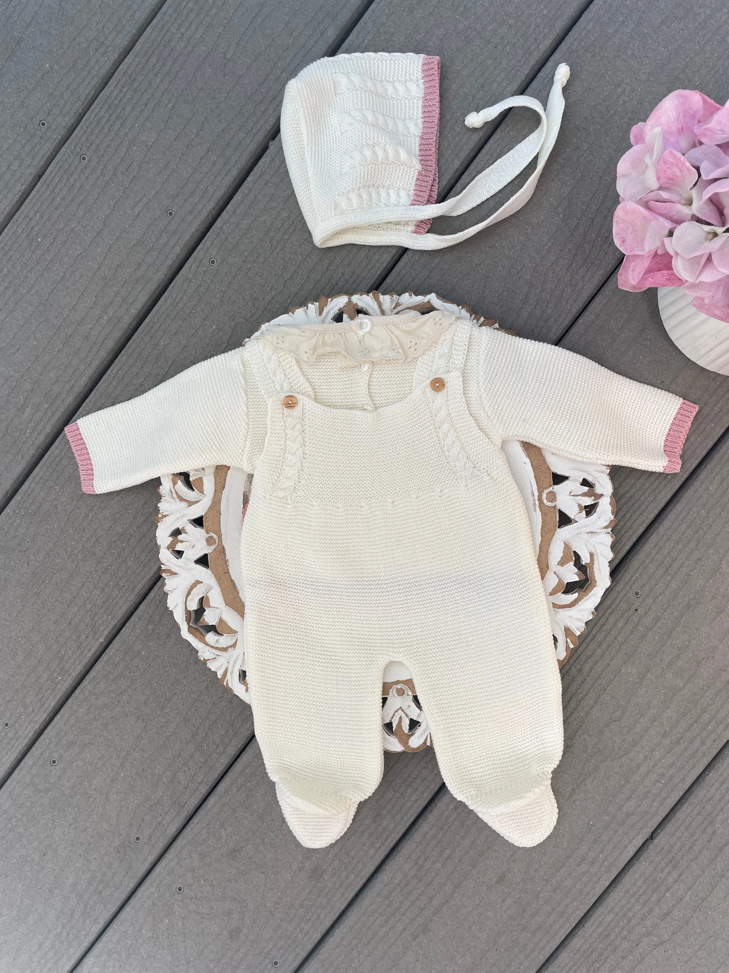 Double Bow Cable Knit Suspenders Style With Ruffle Collar Baby Knitted Romper in Ivory and Old Pink