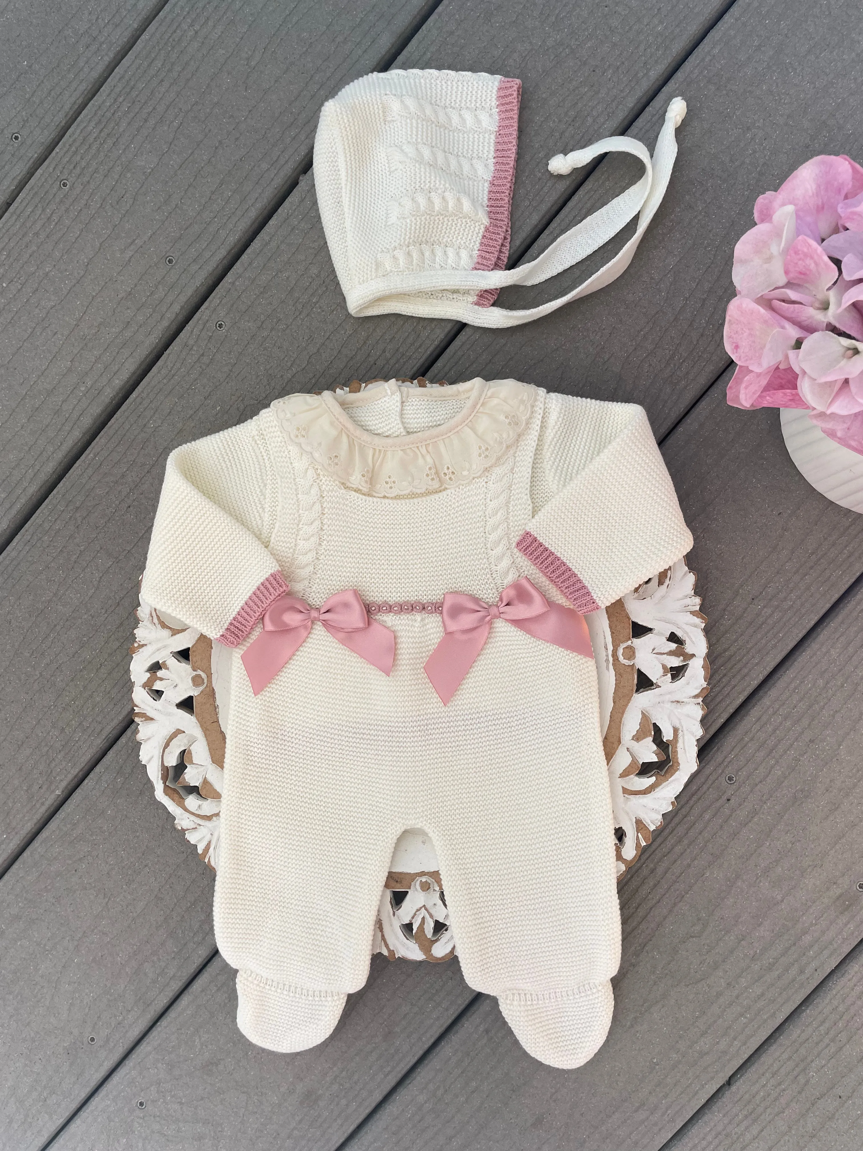 Double Bow Cable Knit Suspenders Style With Ruffle Collar Baby Knitted Romper in Ivory and Old Pink