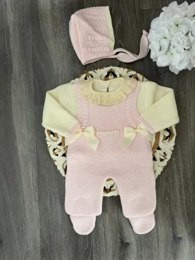 Double Bow Cable Knit Suspenders Style With Ruffle Collar Baby Knitted Romper in Ivory and Pink