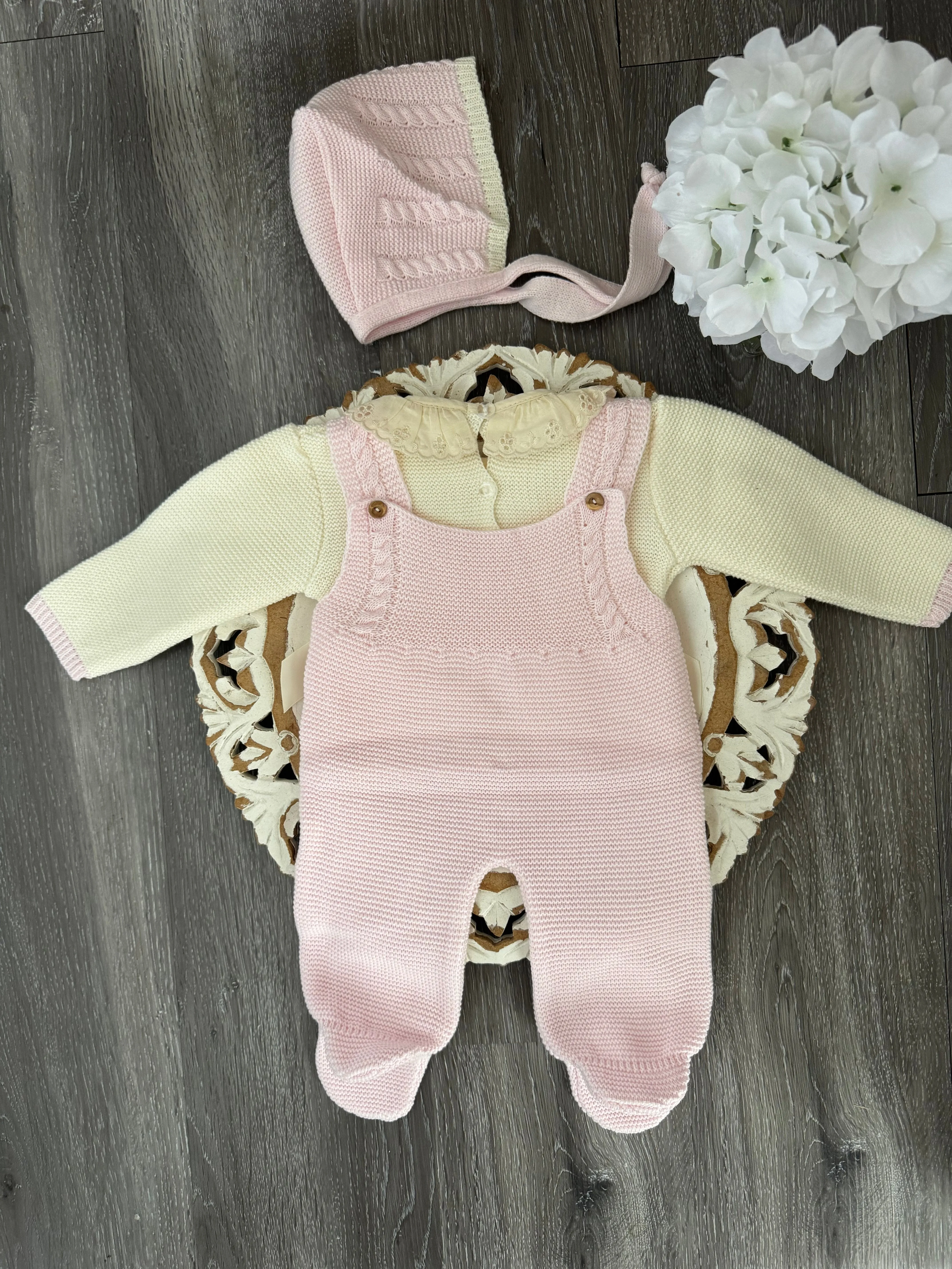 Double Bow Cable Knit Suspenders Style With Ruffle Collar Baby Knitted Romper in Ivory and Pink