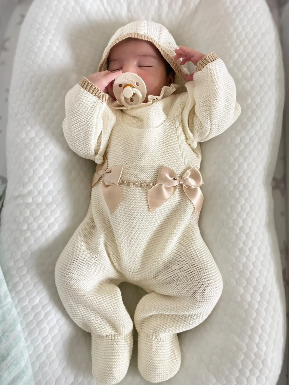 Double Bow Cable Knit Suspenders Style With Ruffle Collar Baby Knitted Romper in Ivory