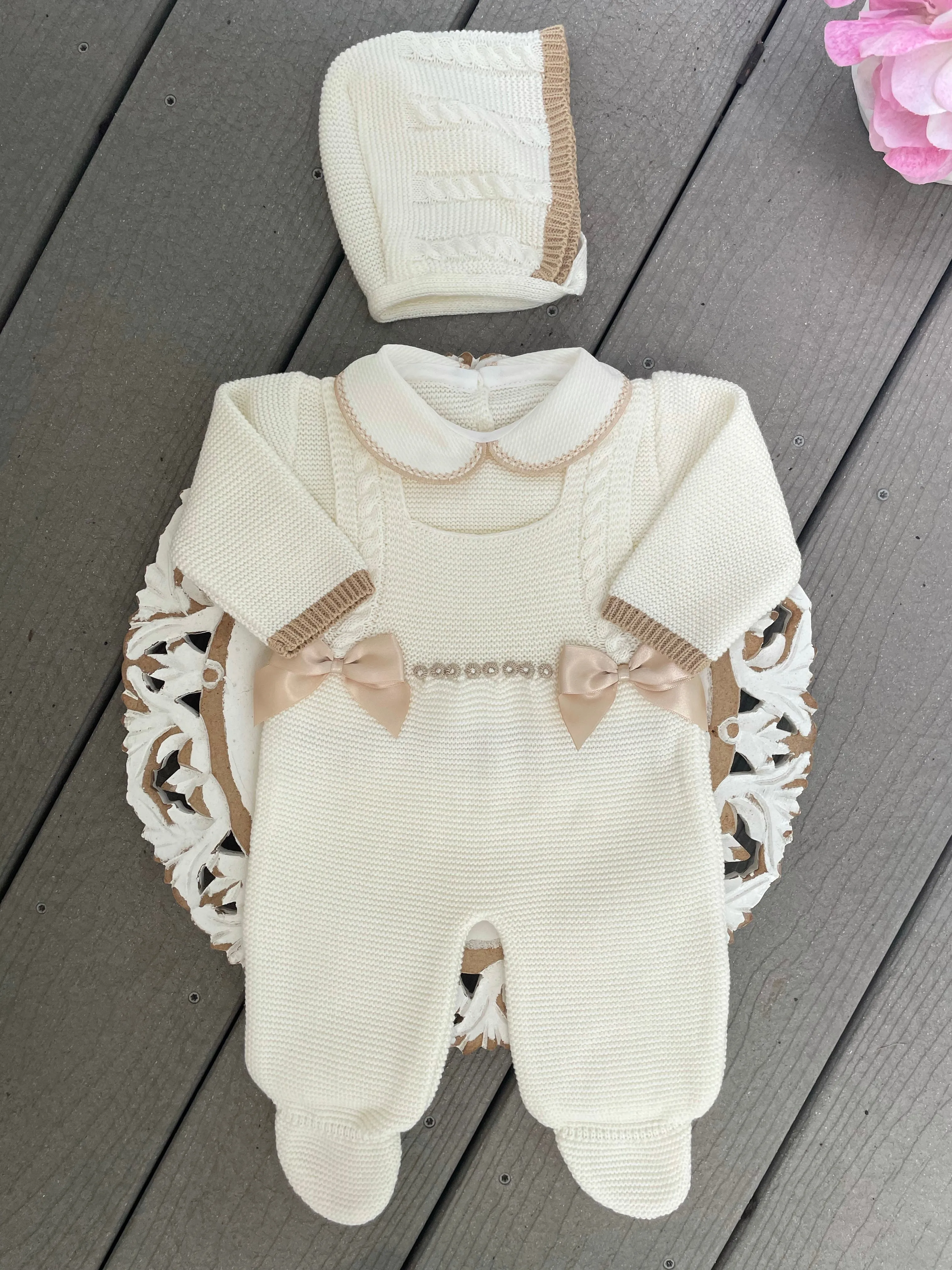 Double Bow Cable Knit Suspenders Style With Ruffle Collar Baby Knitted Romper in Ivory