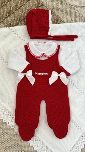 Double Bow Cable Knit Suspenders Style With Ruffle Collar Baby Knitted Romper in Red and White