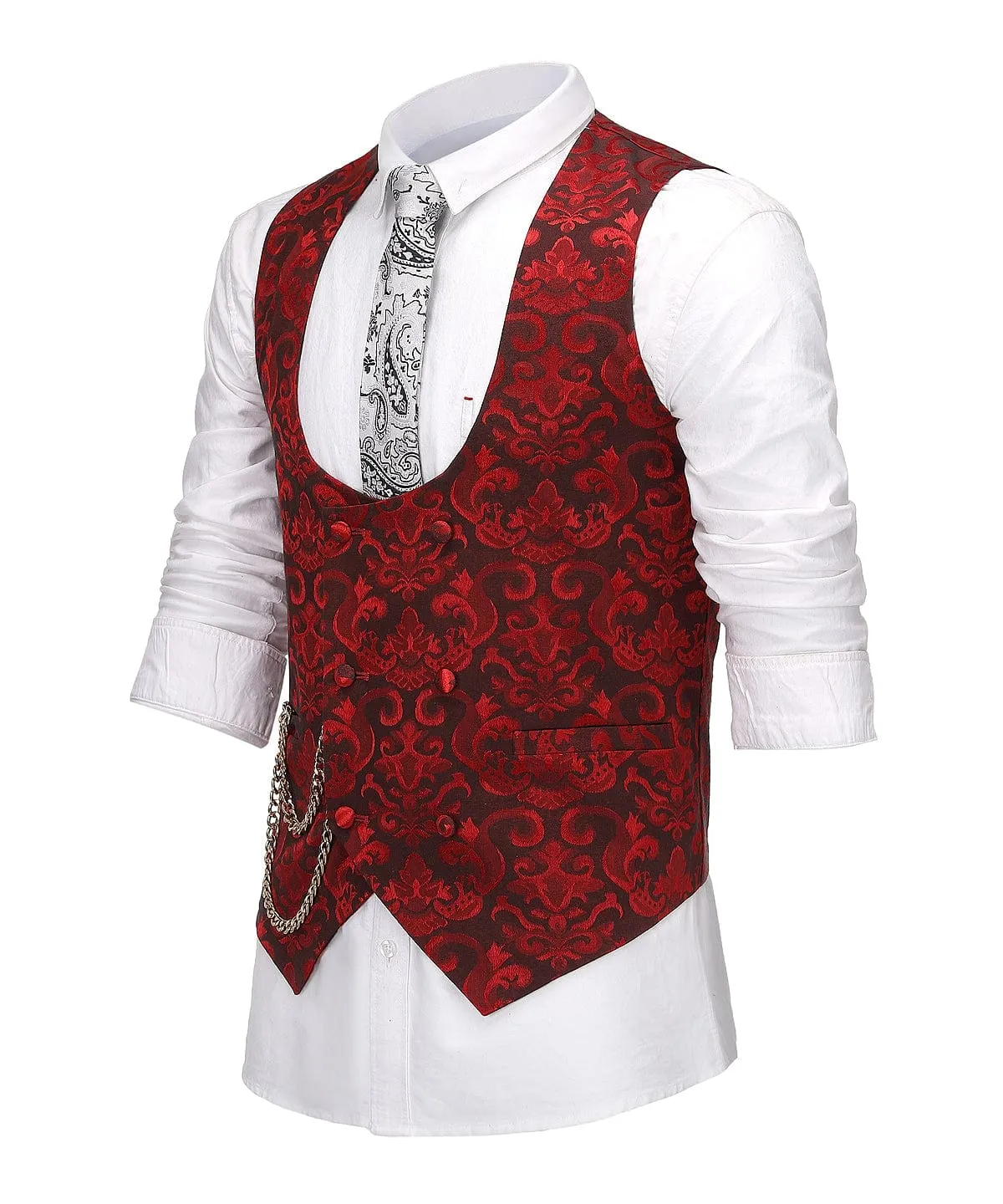 Double Breasted Patterned U Neck Waistcoat