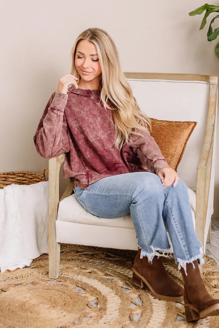 Drifting Dreams Acid Wash Pullover Top | Cabernet