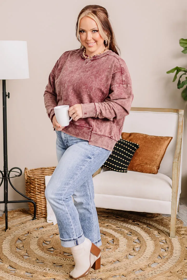 Drifting Dreams Acid Wash Pullover Top | Cabernet