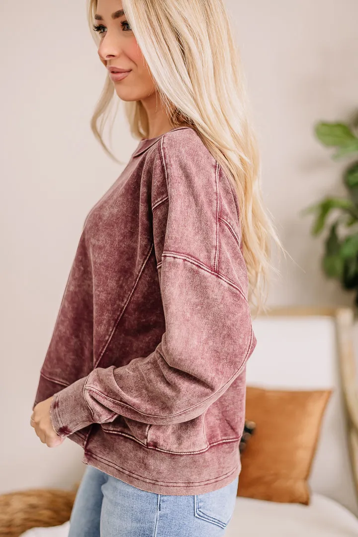 Drifting Dreams Acid Wash Pullover Top | Cabernet