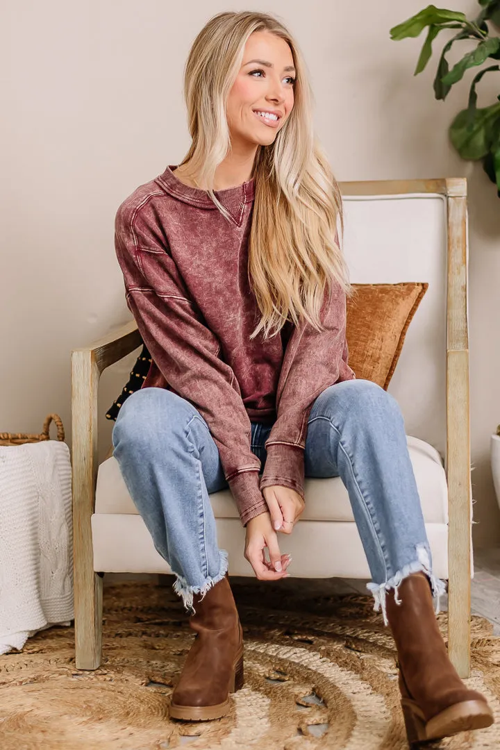 Drifting Dreams Acid Wash Pullover Top | Cabernet